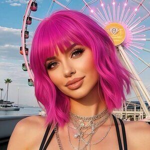 Women's Hot Pink 14 Inch Curly Synthetic Cosplay Bangs Short Bob Wavy Wigs